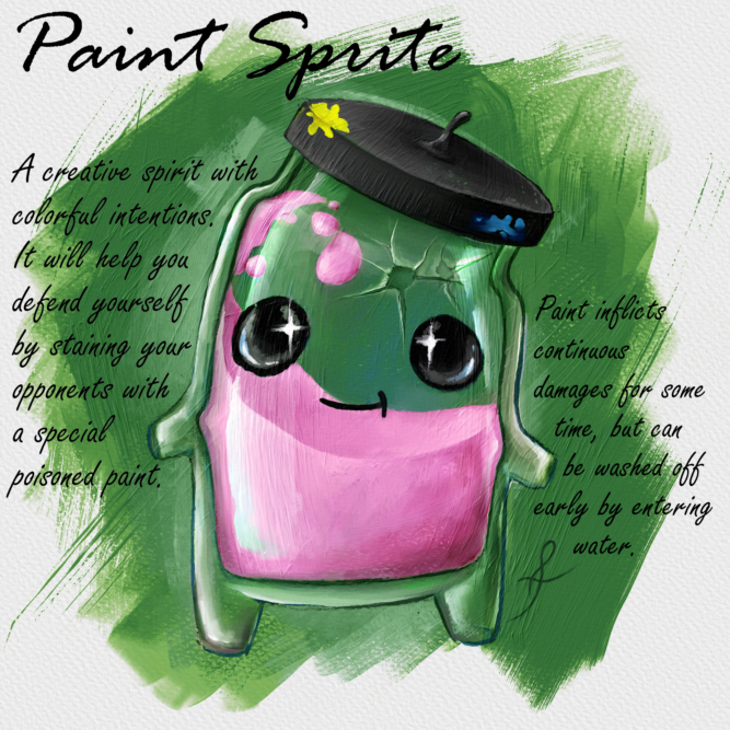 A painting of a fan-made Fortnite Sprite shaped like a glass paint jar with pink paint inside. It's made of clear glass, cracked by a gun shot at the top, and its lid is black plastic with a beret stem on top. A yellow and blue paint stain are on the lid. The character is happy and slightly leaning on its left. It has large black sparkling eyes. The text on the photo details its special ability: A creative spirit with colorful intentions. It will help you defend yourself by staining your opponents with a special poisoned paint. Paint inflicts continuous damages for some time, but can be washed off early by entering water.