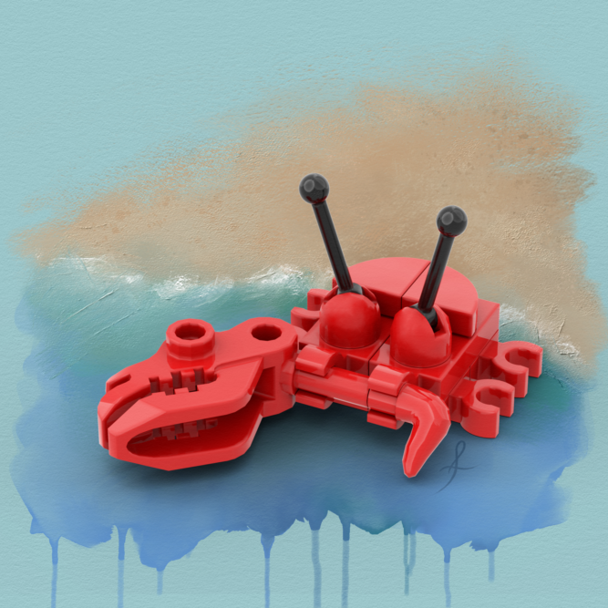 LEGO crab build with antennas for eyes, clip for legs, and a skull as a large claw. The beach background is hand-painted with textured seafoam.