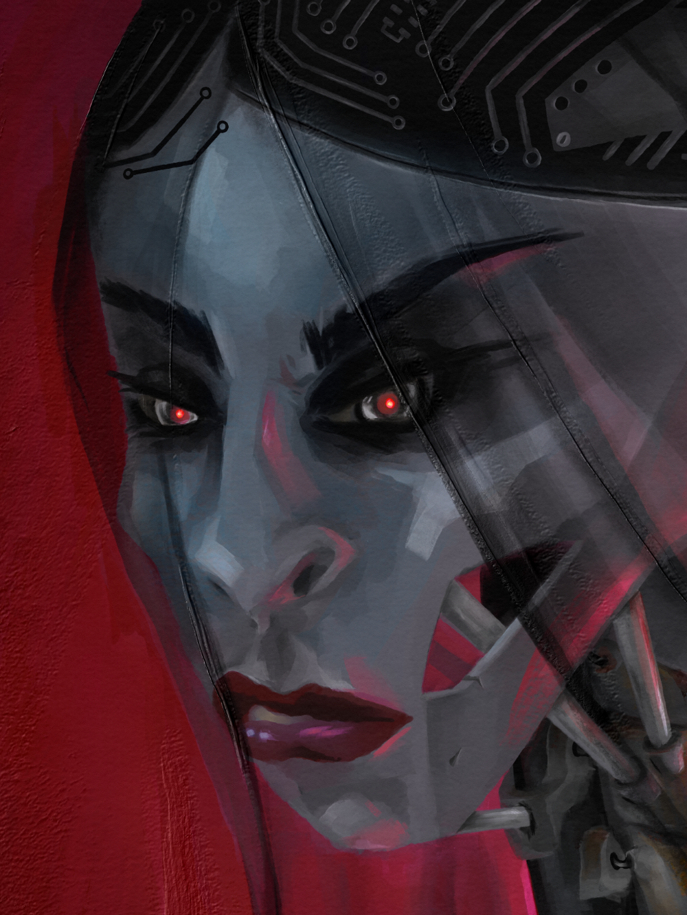 Zoom on her face. Her bluish grey metal mask is semi-reflective and carved with very severe feminine features. She looks deeply disgusted. Her lips are burgundy and pulpy. Her eyes stare right into your soul, like 2 camera with red pupils. The area under her cheek bones is cut-away, revealing the mechanism of pistons controlling her jaw. Right under her black circuit hair cap, on her smooth forehead, are 2 more black printed circuit bits posed like delicate hedges.